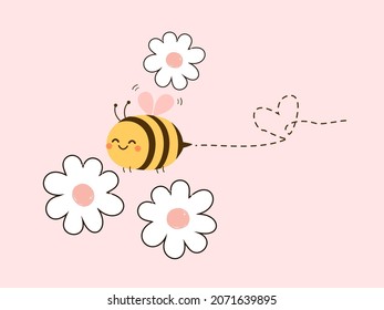 Bee cartoon with dot line heart and daisy flower on pink background vector illustration. 