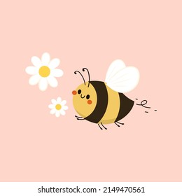 Bee cartoon and Flower isolated on pastel background vector illustration. Cute cartoon character. Cube Bee vector.