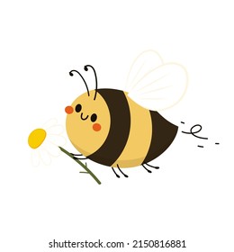 Bee cartoon and Flower isolated on white background vector illustration. Cute cartoon character. Cube Bee vector.