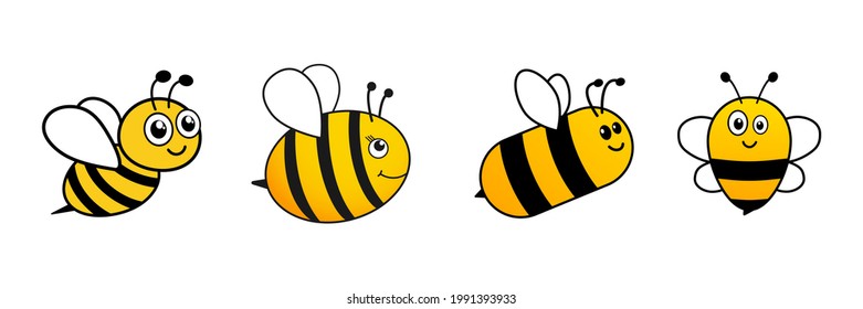 Bee cartoon flying character set. Happy cute bees with big eyes collection. Vector isolated on white