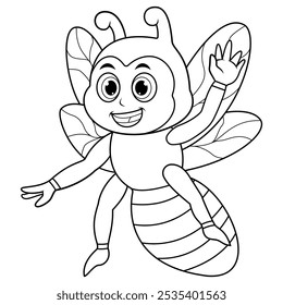 Bee cartoon flying waving hand line art