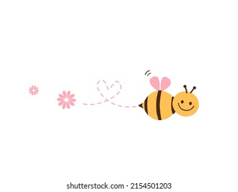 Bee cartoon, heart dot line and daisy flower isolated on white background vector illustration.