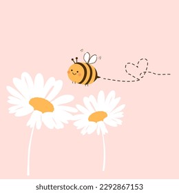 Caricatura de abejas con línea de puntos cardíacos y flor de margarita sobre ilustración vectorial de fondo rosa.