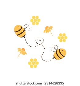 Bee cartoon with heart dot line, beehive honey sign and daisy flower isolated on white background vector illustration.