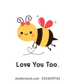 Bee cartoon with heart dot line and hand written fonts isolated on white background vector illustration. Cute childish print.