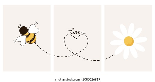 Bee cartoon with heart dotted line, daisy flower and hand written font on vanilla backgrounds vector illustration. 