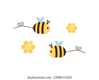 Bee cartoon with heart line and honey sign symbol isolated on white background vector illustration.