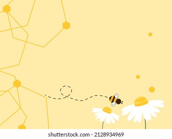 Bee cartoon, hexagon shape and daisy flower on yellow background vector illustration.