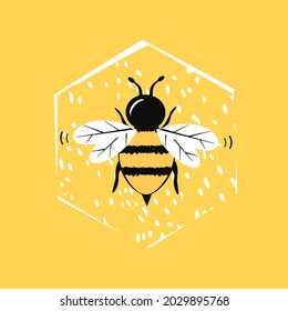 Bee cartoon with hexagon sign on yellow background vector illustration.