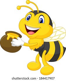 Bee cartoon holding honey bucket