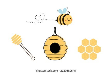 Bee cartoon, honey dipper and beehive honeycomb icon logo isolated on white background vector illustration.