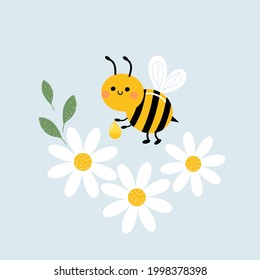 Bee cartoon, honey drop, daisy flower and green leaves on blue background vector illustration.