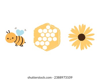 Bee cartoon, honey sign and cute flower icon isolated on white background vector illustration.