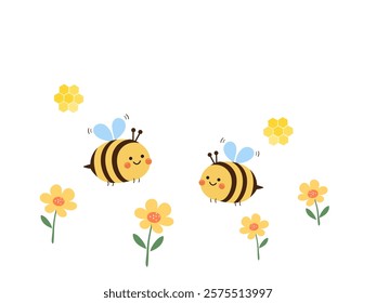 Bee cartoon, honey sign and yellow flower icon set isolated on white background vector.