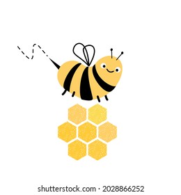 Bee cartoon with honeycomb logo isolated on white background vector illustration.