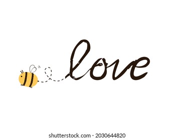 Bee cartoon icon and hand written font isolated on white background vector illustration.