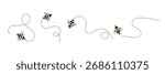 Bee cartoon icons set. Bees fly along a dotted path. Bee character set. Bee flying on dotted route . 
