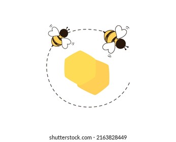 Logo de la caricatura de abejas con línea de punto circular y forma hexagonal aislada en ilustración vectorial de fondo blanco.