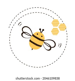 Logo de la caricatura de abejas con línea de puntos de círculo y colmena hexagonal aislada en ilustración vectorial de fondo blanco. Diseño plano.