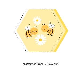 Bee cartoon logo with hexagon shape isolated on white background vector illustration.