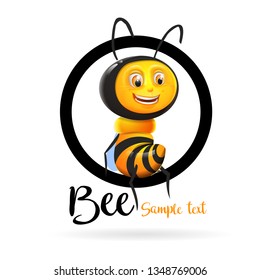Bee cartoon logo: Smiling bee sitting on black circumference