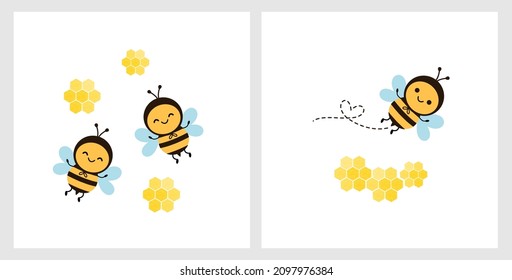 Bee cartoon logos with abstract beehive honeycomb isolated on white backgrounds vector illustration.