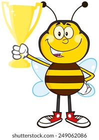 Bee Cartoon Mascot Character Holding A Golden Trophy.Vector Illustration Isolated On White