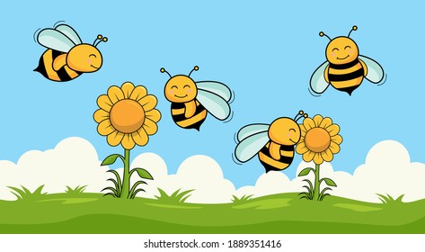 Bee Cartoon Nature Set Collection