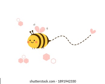 Bee cartoon and pink heart icon on white background vector illustration.