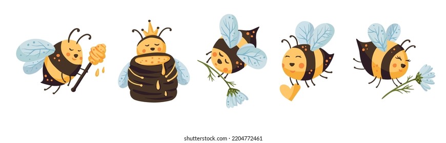 Juego de dibujos animados de abejas conjunto de vectores de miel, fondo adorable diseño de icono feliz bebé arte divertido.