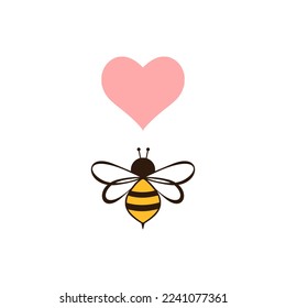 Bee cartoon sign logo with pink heart isolated on white background vector illustration. 