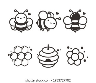 Bee cartoon silhouette Hexagonal honeycomb And lovely flowers Isolated on white background
