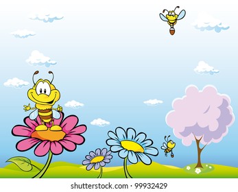 bee cartoon sitting on flower on natural background with blue sky, tree and flowers