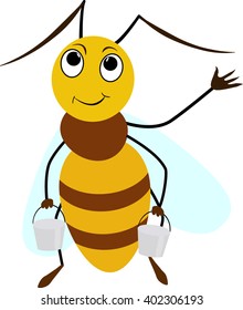 Bee cartoon smiling with two buckets