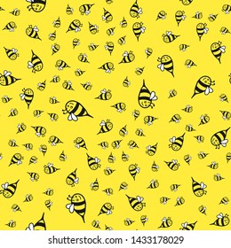 Bee cartoon sticker seamless background. Funny pattern. Hand drawn.