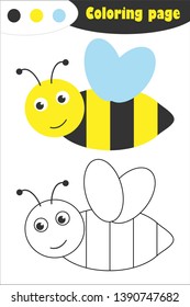 Bee in cartoon style, coloring page, spring education paper game for the development of children, kids preschool activity, printable worksheet, vector illustration