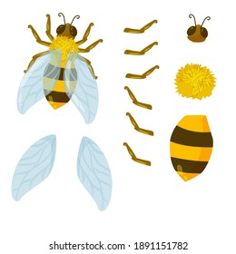 Bee In Cartoon Style. Drawing Broken Into Parts For Animation. Bumblebee Or Wasp, Yellow And Brown Color With Blue Wings Vector Illustration Isolated On White Background