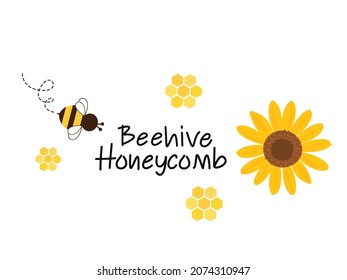 Bee cartoon with sunflower and beehive honeycomb isolated on white background vector illustration.