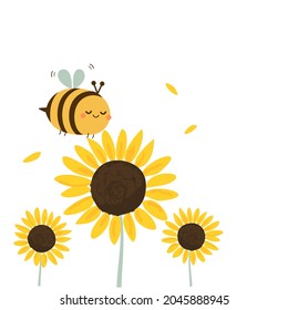 Bee cartoon and sunflower field isolated on white background vector illustration.