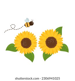 Dibujo de abejas y girasol con hojas verdes aisladas en el vector de fondo blanco. 