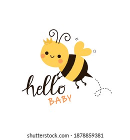 Bee cartoon wearing a crown and hand written font on white background vector.