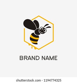 Bee cartoon in yellow hexagonal line shape with thick drops