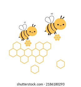 Bee cartoons with abstract beehive honeycomb sign logo isolated on white background vector illustration.