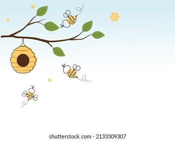 Bee cartoons, beehive and branch on blue sky background vector illustration.