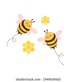 Bee cartoons with beehive honeycomb isolated on white background vector illustration.