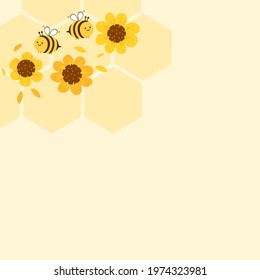 Bee cartoons and cute flower on yellow background vector illustration.