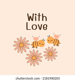 Bee cartoons, daisy flower and hand written font on orange background vector illustration. 