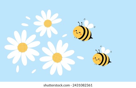 Bee cartoons and daisy flower on blue background vector.