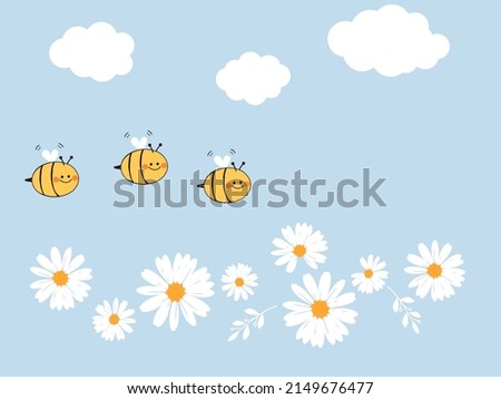 Bee cartoons, daisy garden and clouds on blue background vector illustration. Cute nursery wall decoration.
