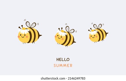 Bee cartoons with flower hats and hand written font on white background vector illustration.